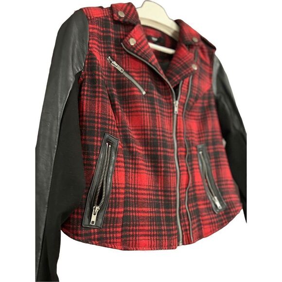 TORRID Buffalo Plaid Red Black Check Moto Bomber Jacket 00 M L - Picture 4 of 14